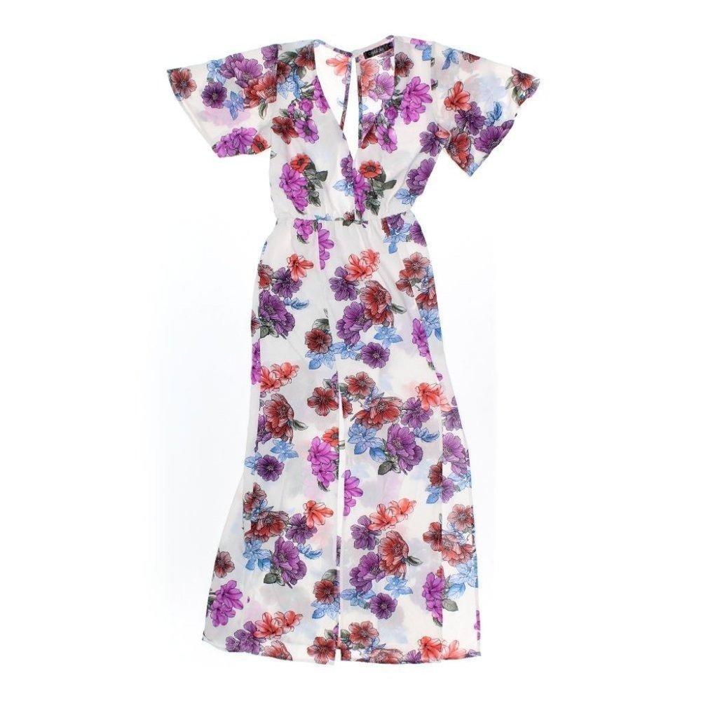 Crystal Sky Floral White Multicolored Cutout Back Short Sleeved Junior Midi Dres